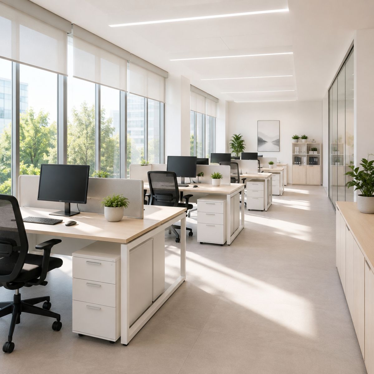 Oficina con puestos de trabajo aprovechando la luz natural